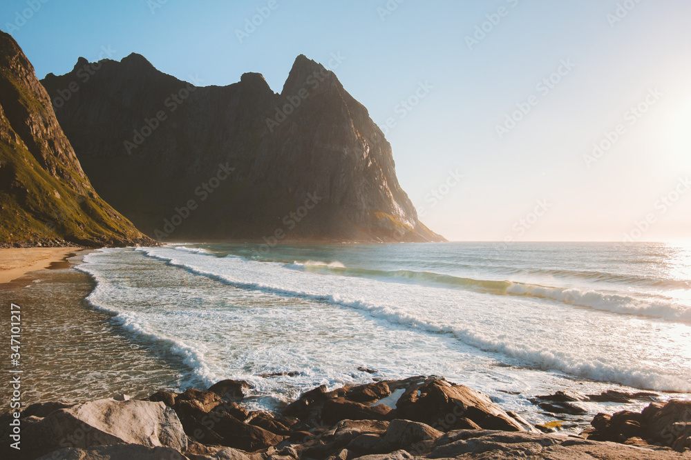 Norway landscape Kvalvika beach ocean and rocks Lofoten islands nature beautiful travel destinations