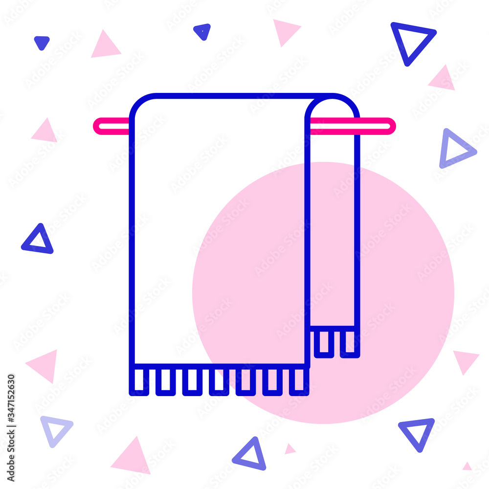 挂在衣架上的线条毛巾图标在白色背景上隔离。浴室毛巾图标。彩色轮廓混凝土