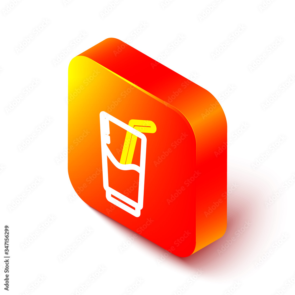 Isometric line Cocktail and alcohol drink icon isolated on white background. Orange square button. V