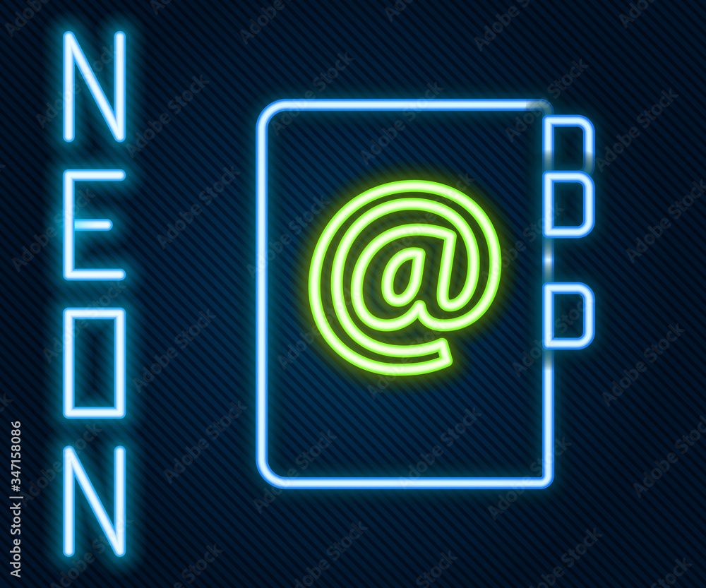 Glowing neon line Address book icon isolated on black background. Notebook, address, contact, direct