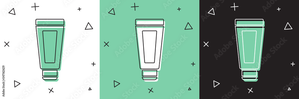 Set Cream or lotion cosmetic tube icon isolated on white and green, black background. Body care prod