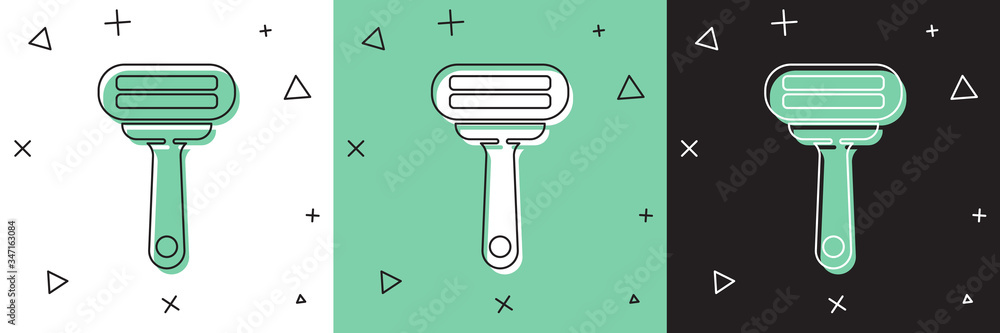 Set Shaving razor icon isolated on white and green, black background.  Vector Illustration