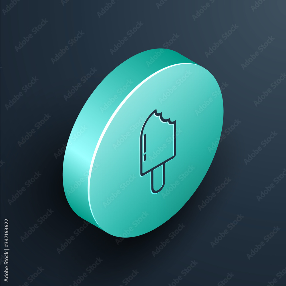 Isometric line Ice cream icon isolated on black background. Sweet symbol. Turquoise circle button. V