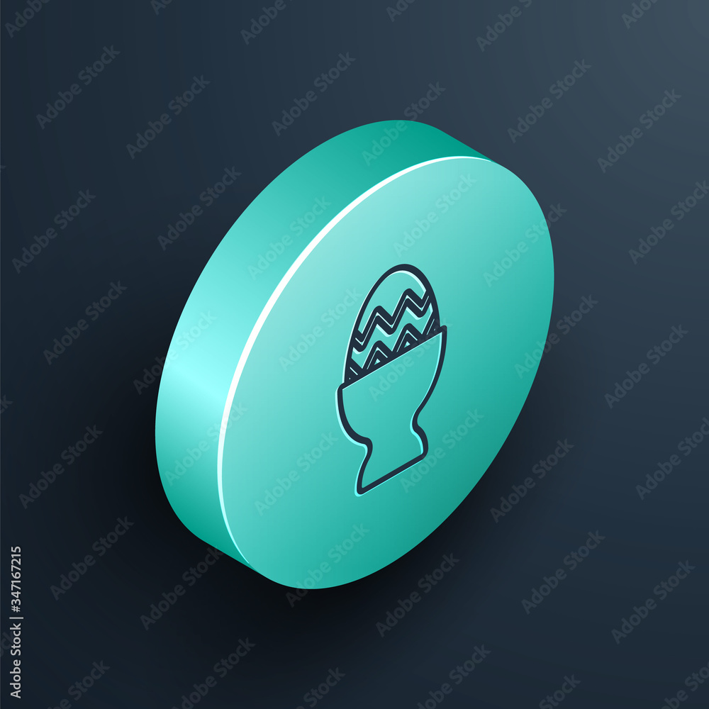 Isometric line Easter egg on a stand icon isolated on black background. Happy Easter. Turquoise circ