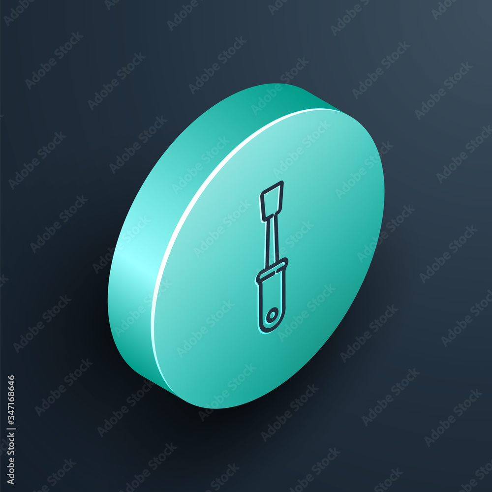 Isometric line Screwdriver icon isolated on black background. Service tool symbol. Turquoise circle 