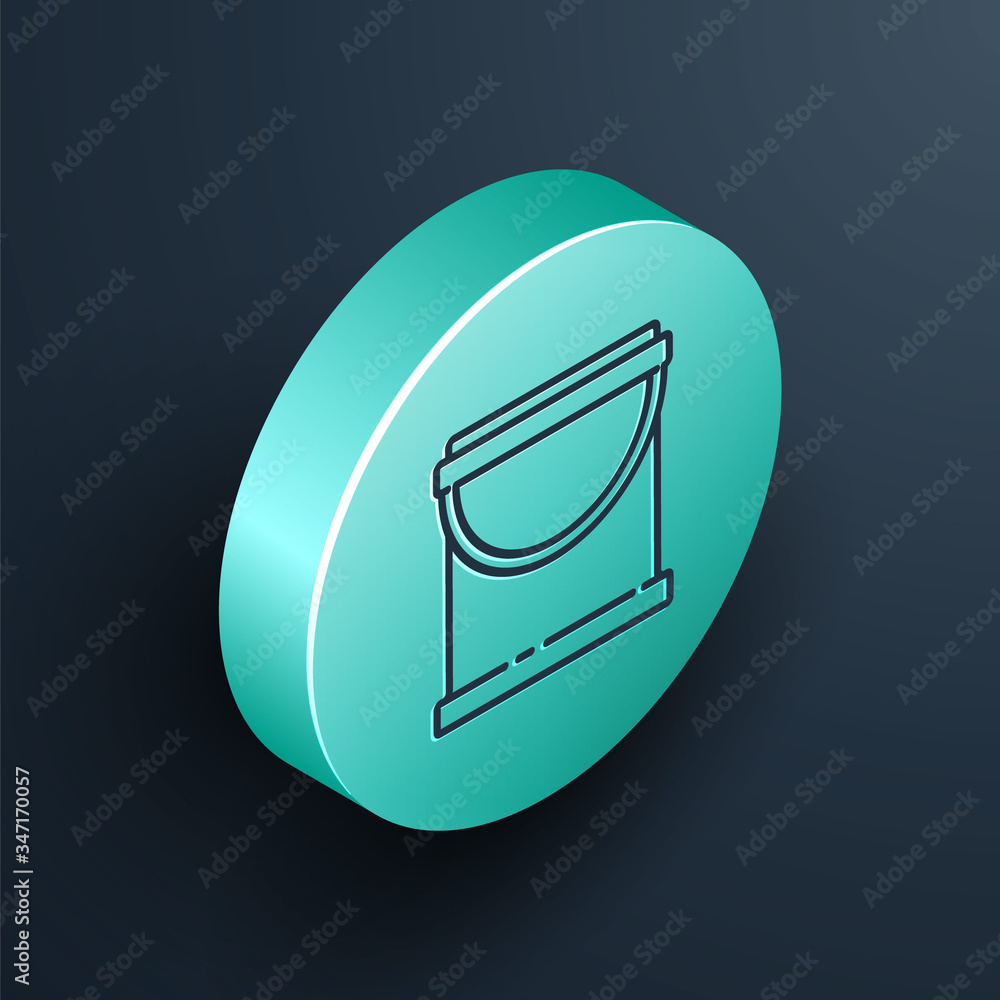 Isometric line Paint bucket icon isolated on black background. Turquoise circle button. Vector Illus