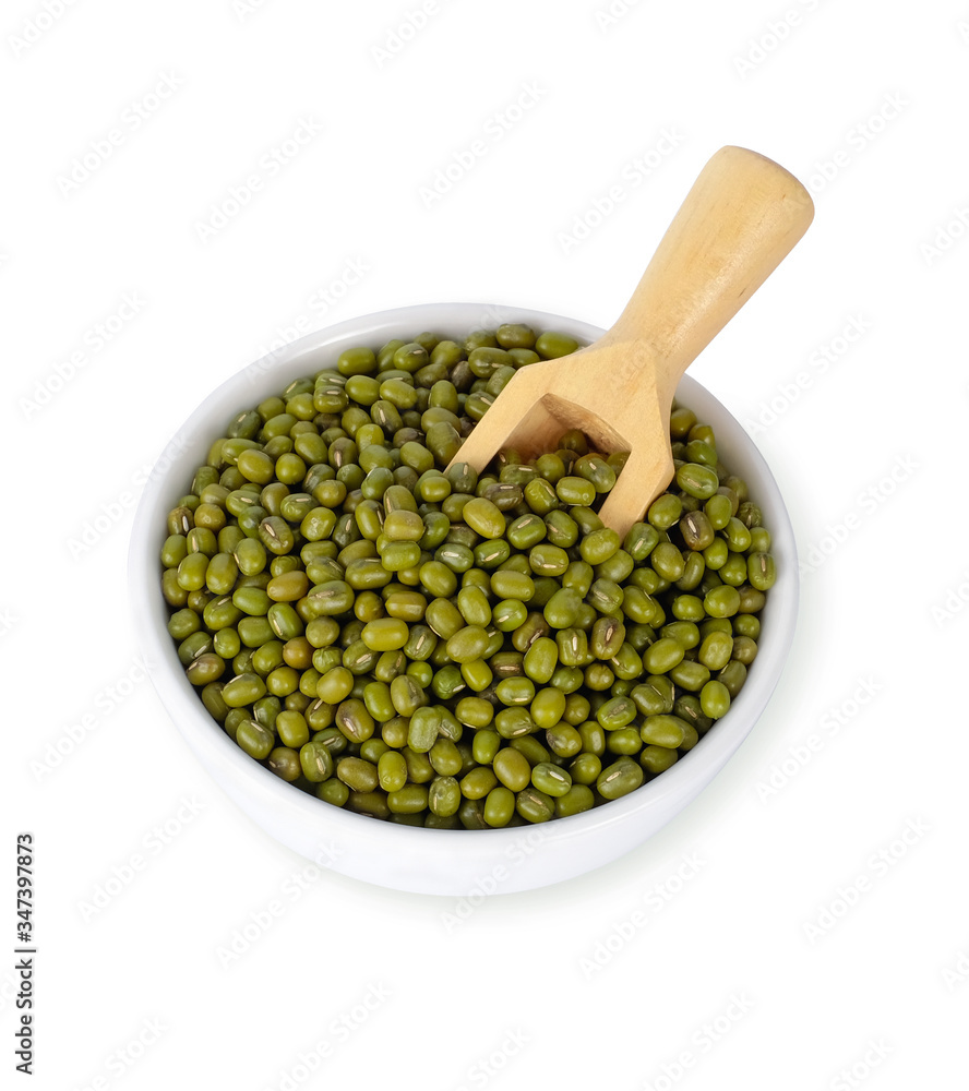 Mung bean seeds in white bowl and wooden scoop isolated on white background..