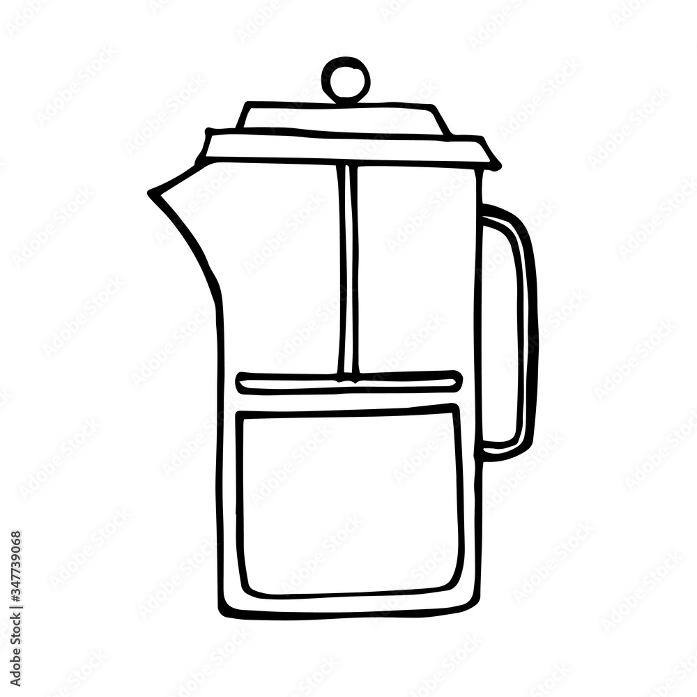 flat illustration in doodle style. vector drawing. tea pot, French presses. simple icon Frenchpress,