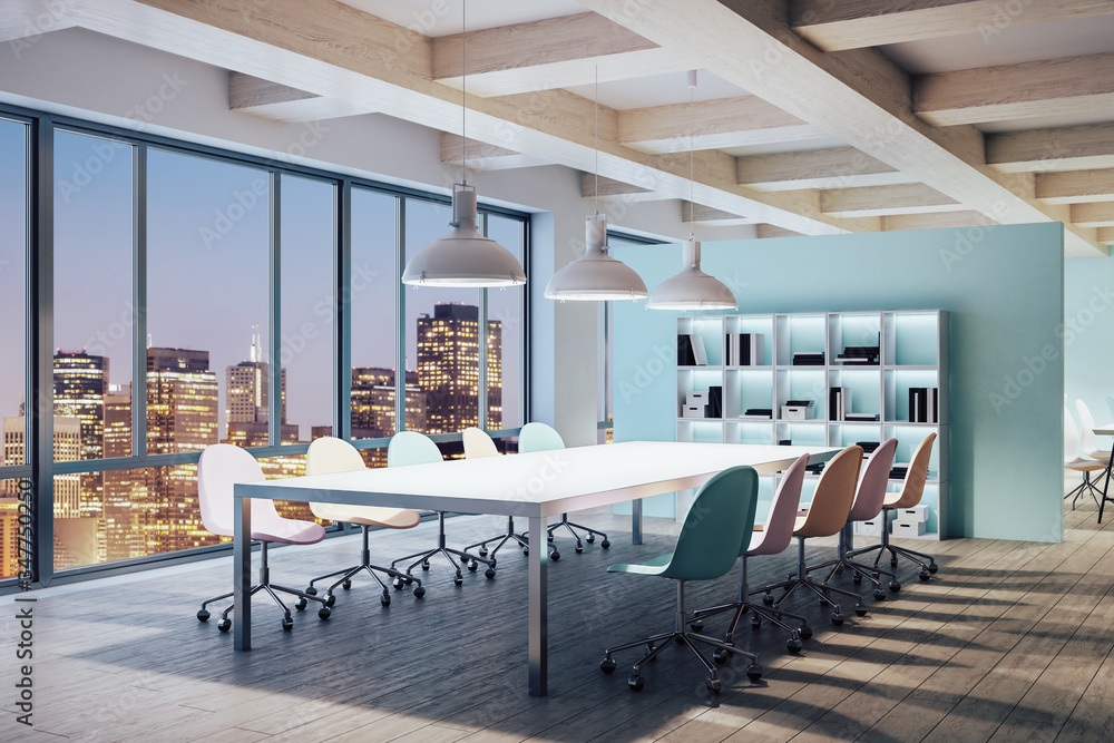 Minimalistic conference interior with furniture and night city view.