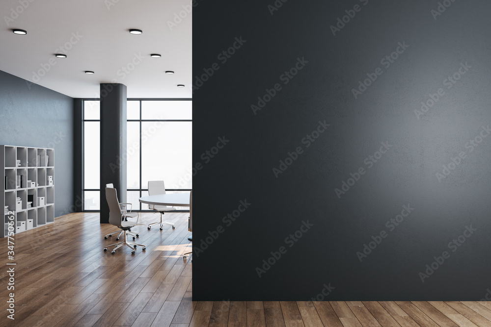 Modern meeting room with panoramic city view and  empty wall.