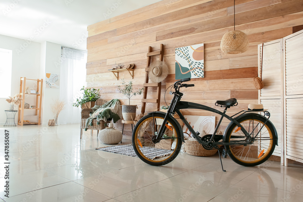 Interior of modern room with bicycle