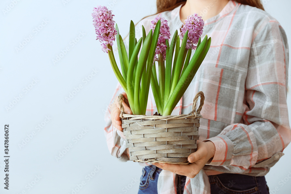 Woman with beautiful hyacinth flowers on light background, closeup