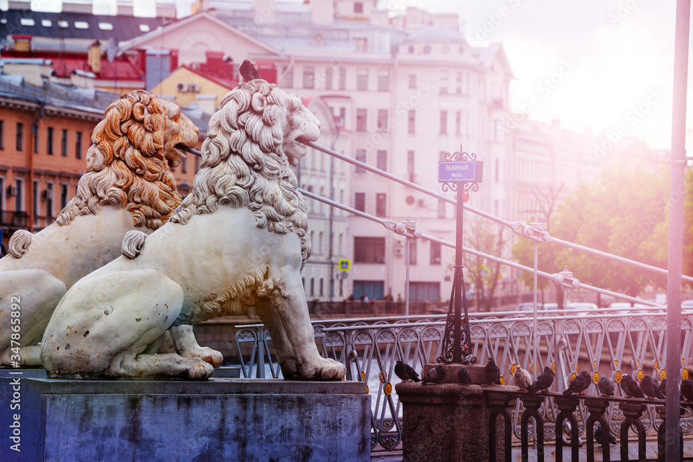 Bridge of Four Lions for pedestrian over the Griboedov Canal in St Petersburg, Russia