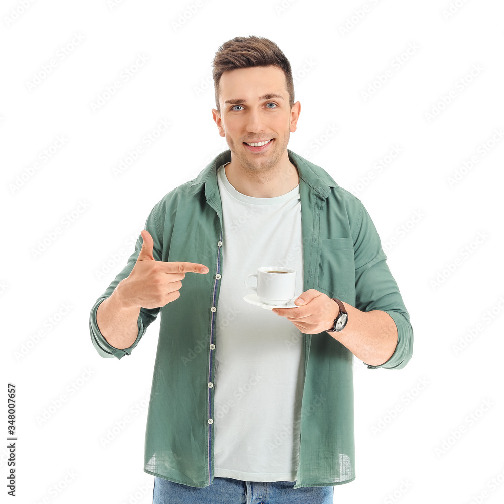 Handsome man with coffee on white background