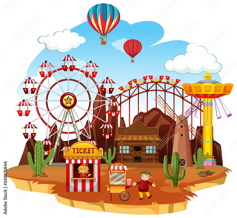 Themepark scene with many rides and balloons