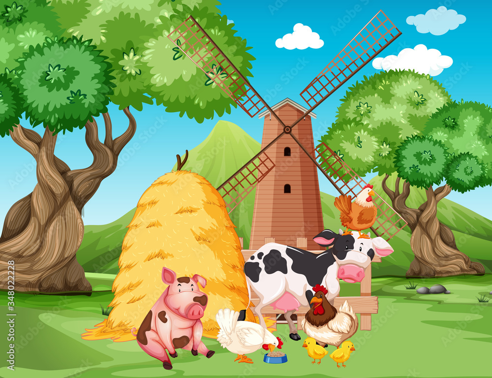 Farm scene with farm animals and windmill on the farm