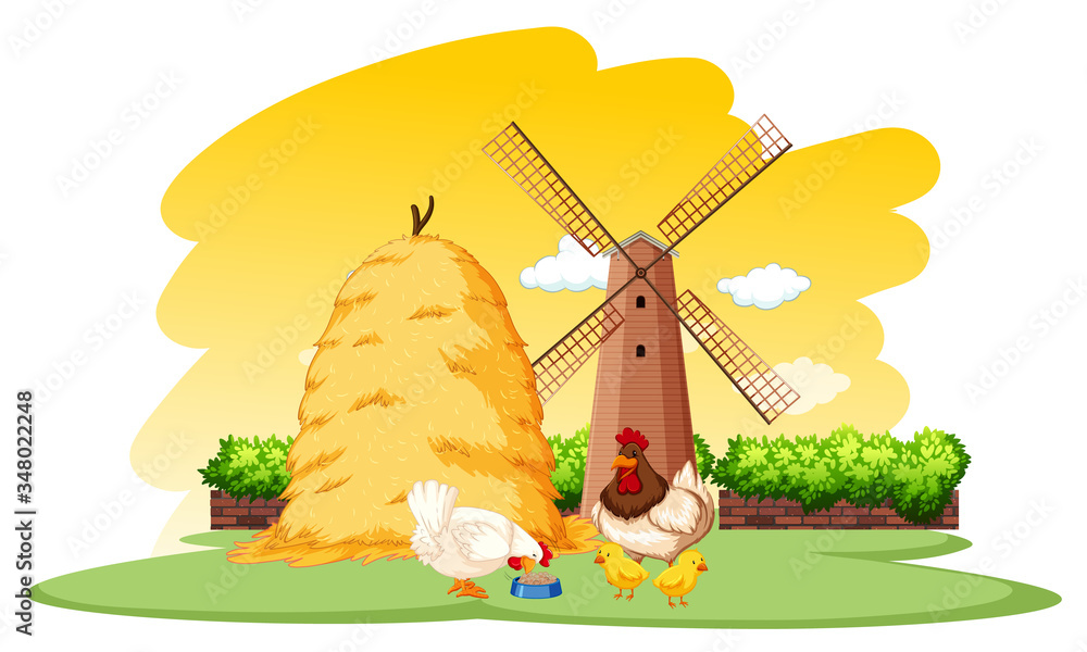 Farm scene with chickens and windmill on the farm