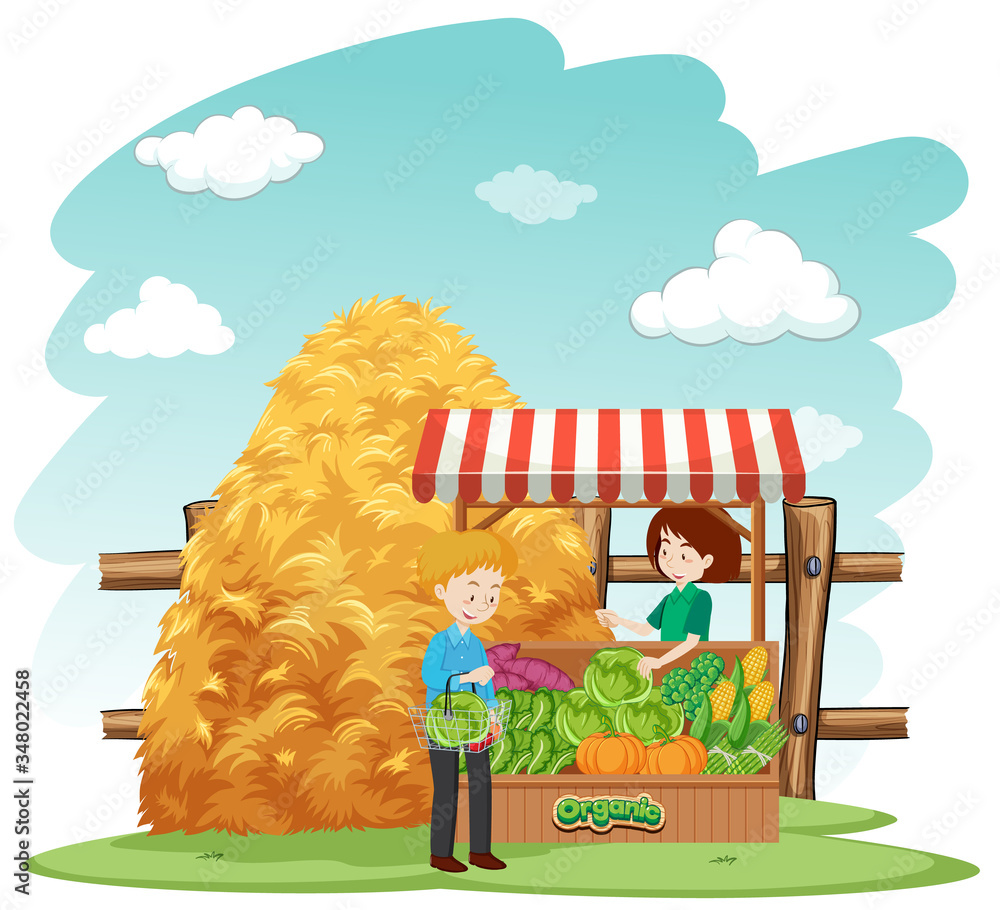 Farm scene with customer buying vegetables