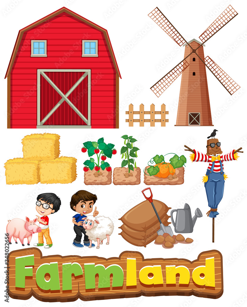 Set of farmland with buildings and kids