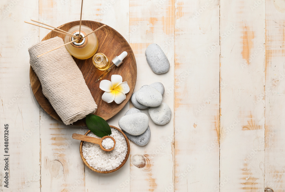 Beautiful spa composition on white wooden background