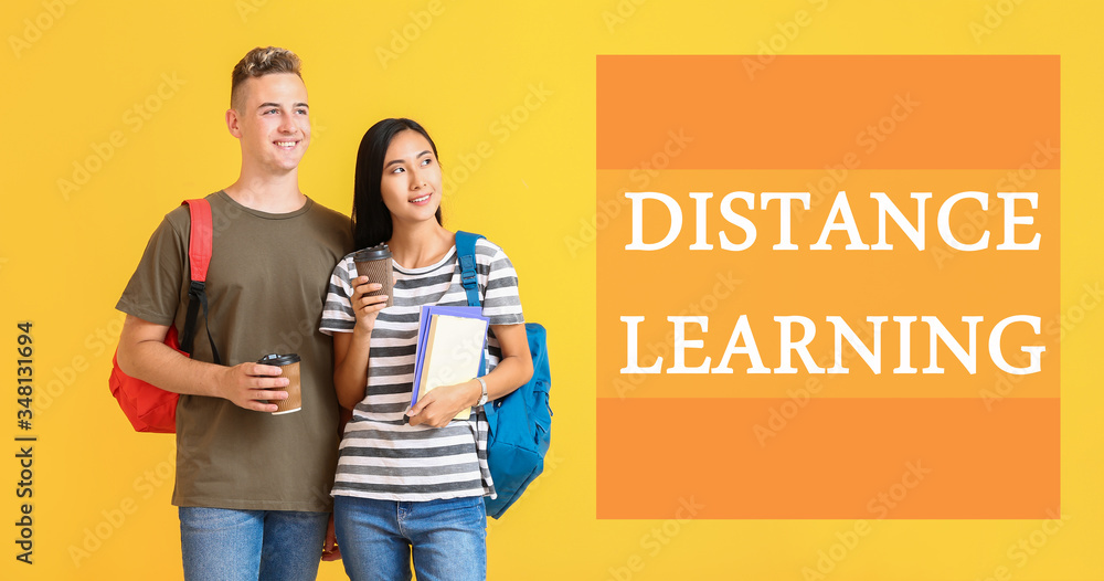 Portrait of students on color background. Concept of distance learning