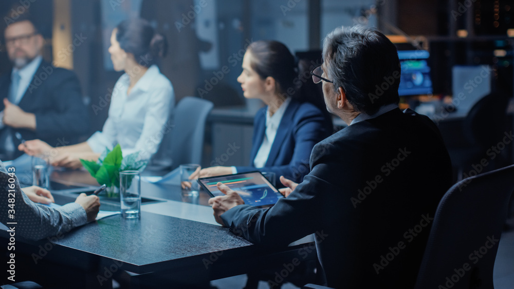 Late at Night In the Corporate Office Meeting Room: Executive Director Leads Hard Negotiations with 