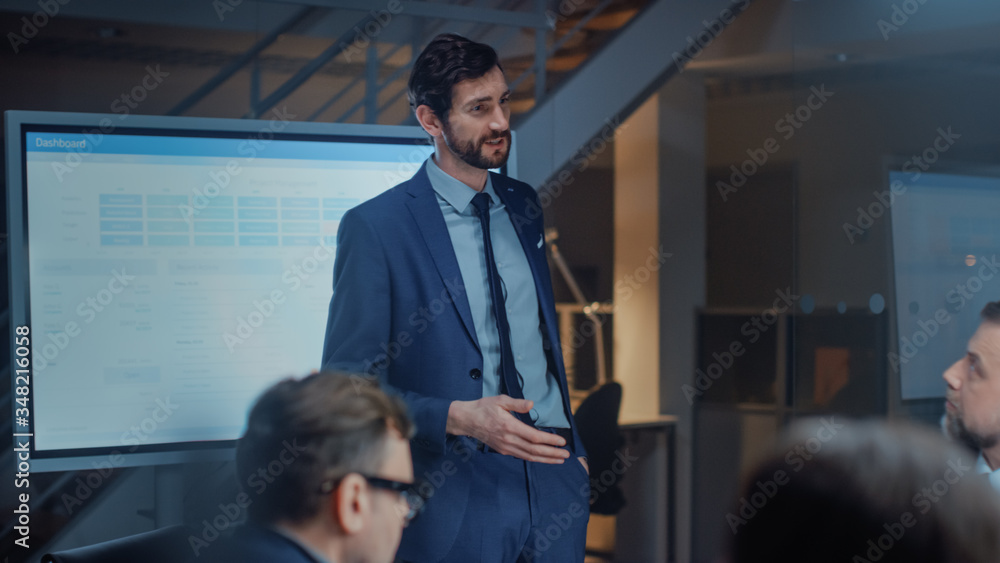 In Corporate Meeting Room: Energetic and Young Startup Creator Uses Digital Interactive Whiteboard f