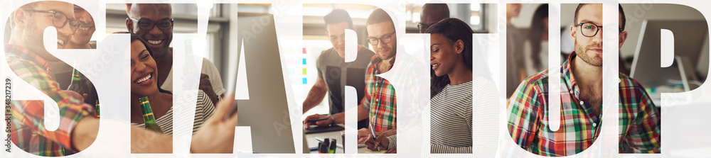 Collage of young entrepreneurs working together in their startup office