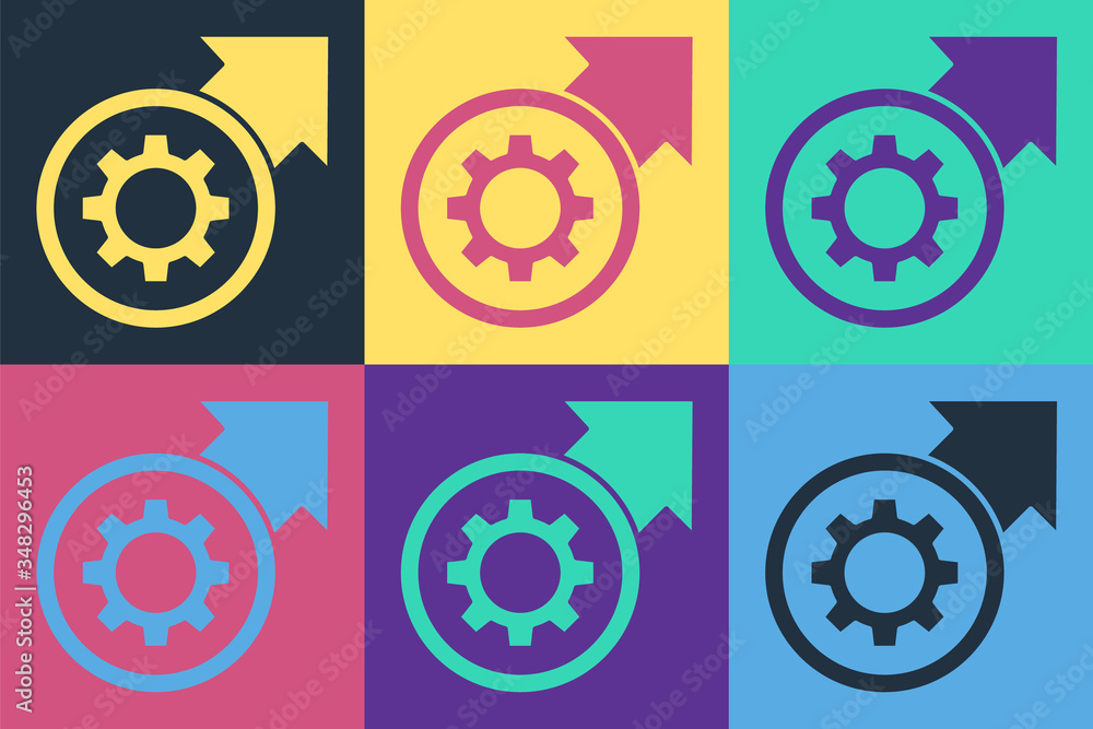 Pop art Gear and arrows as workflow process concept icon isolated on color background. Gear reload s