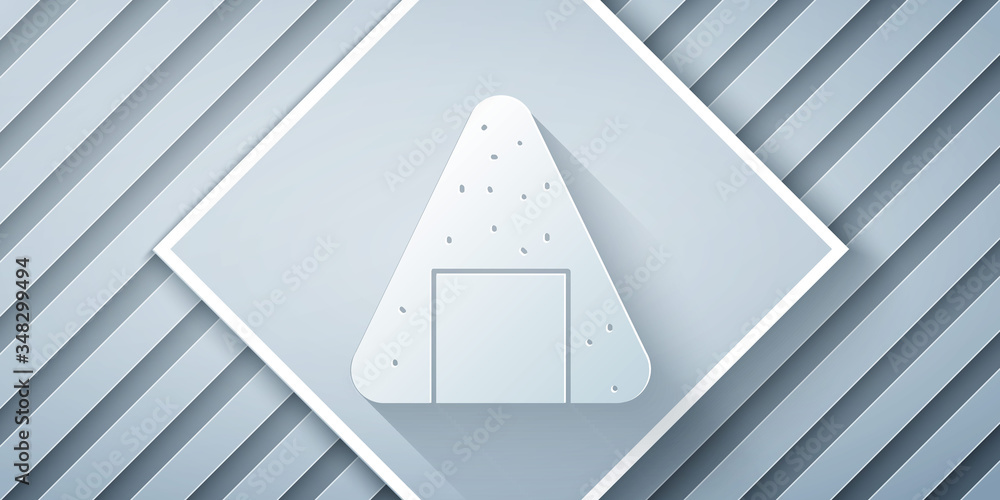 Paper cut Onigiri icon isolated on grey background. Japanese food. Paper art style. Vector