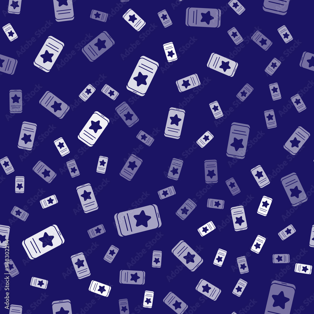 White Mobile phone with review rating icon isolated seamless pattern on blue background. Concept of 