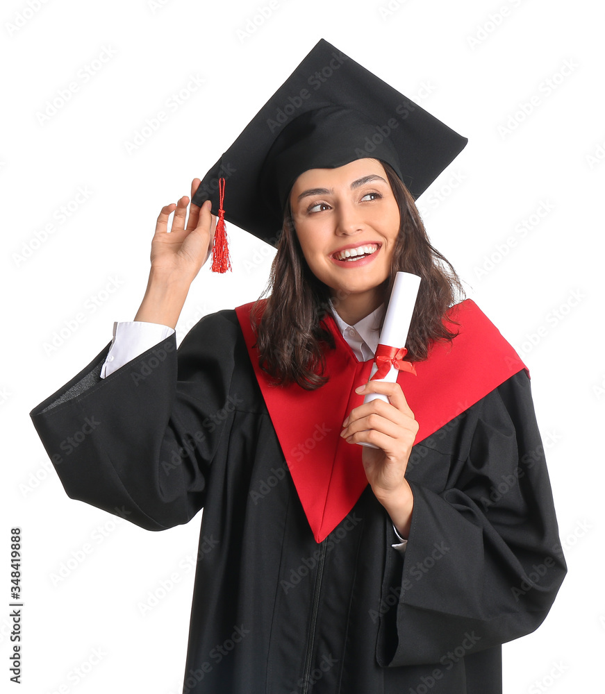 Female graduating student with diploma on white background