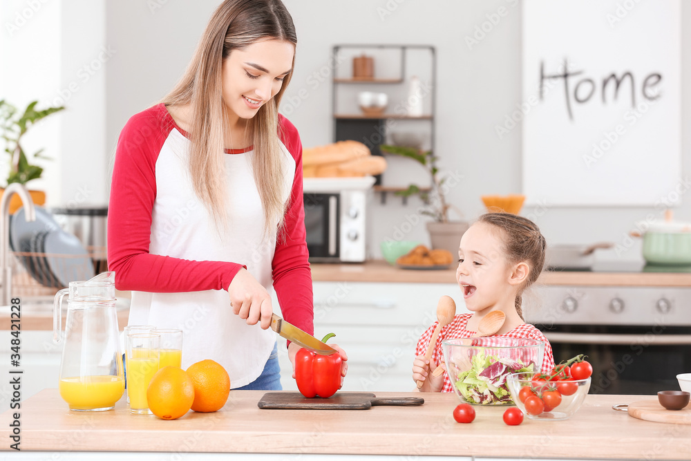 快乐的妈妈和小女儿一起在厨房做饭