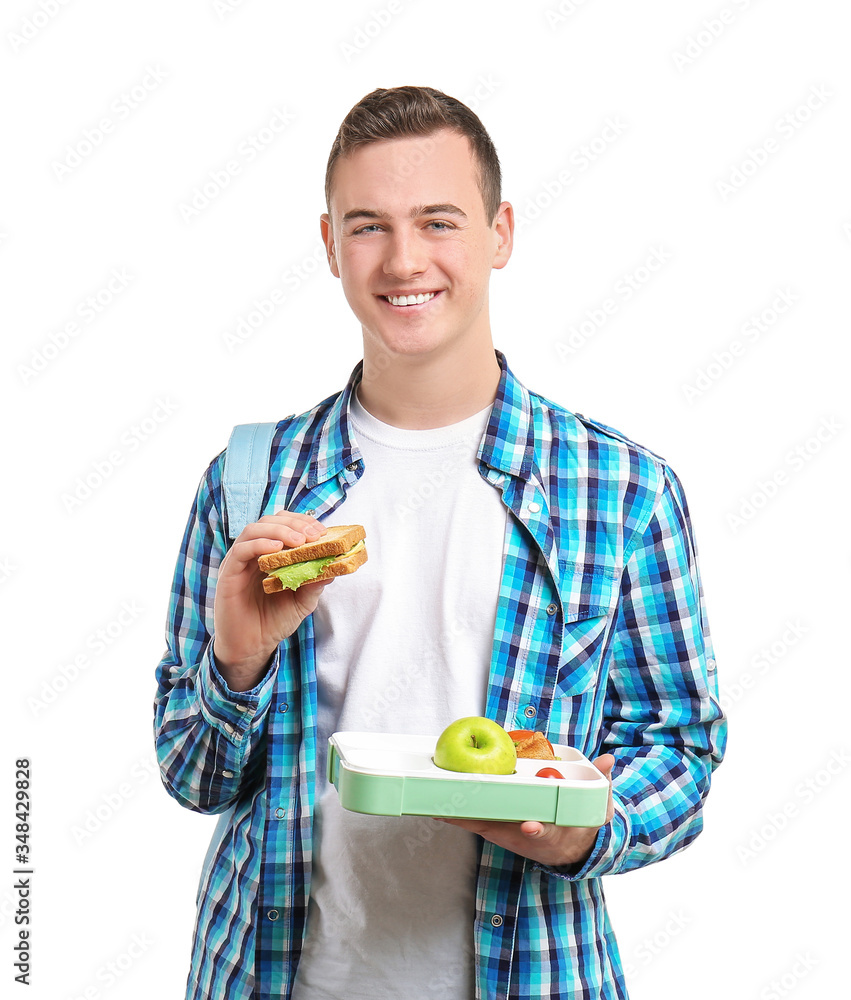 Pupil with lunchbox on white background