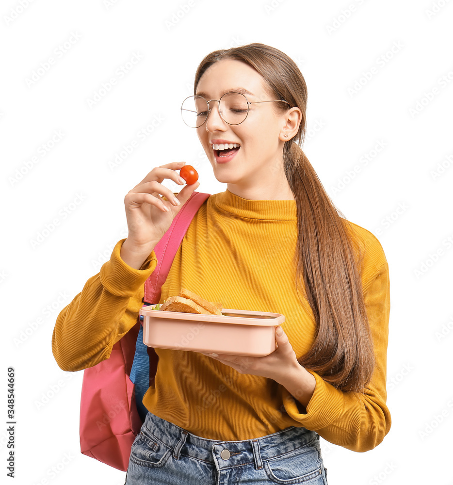 Pupil with lunchbox on white background