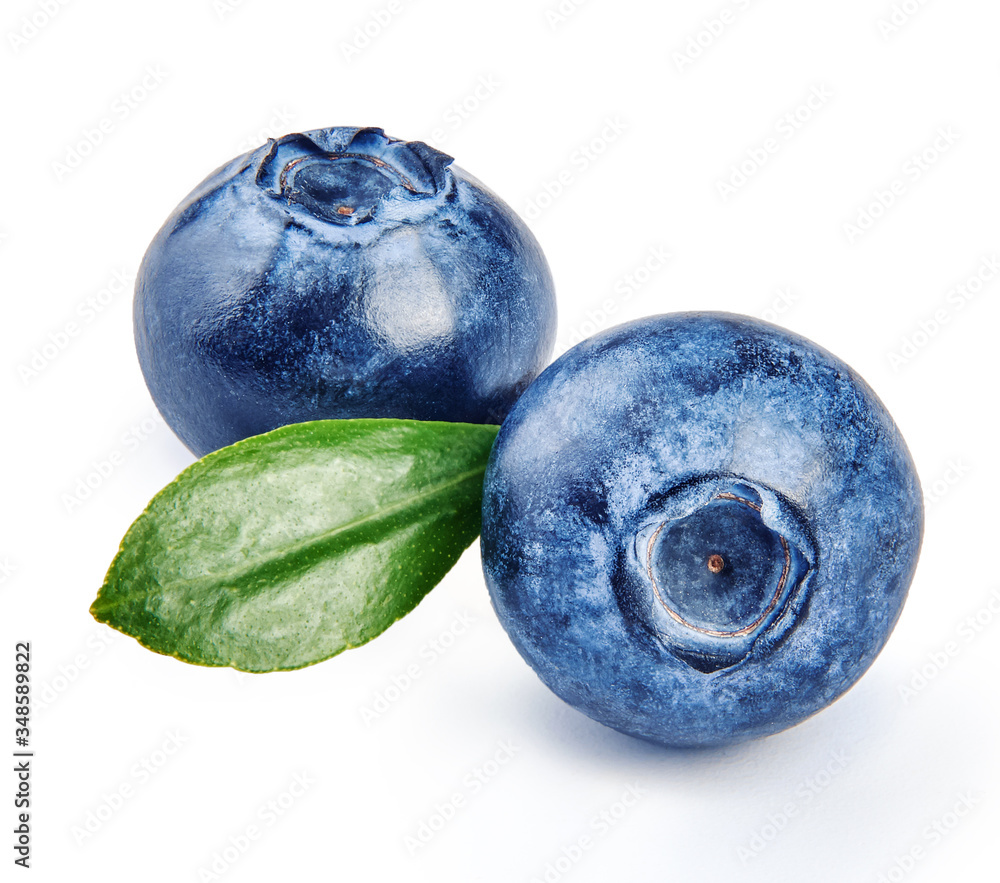 Two blueberries with blueberry leaf isolated on white background.