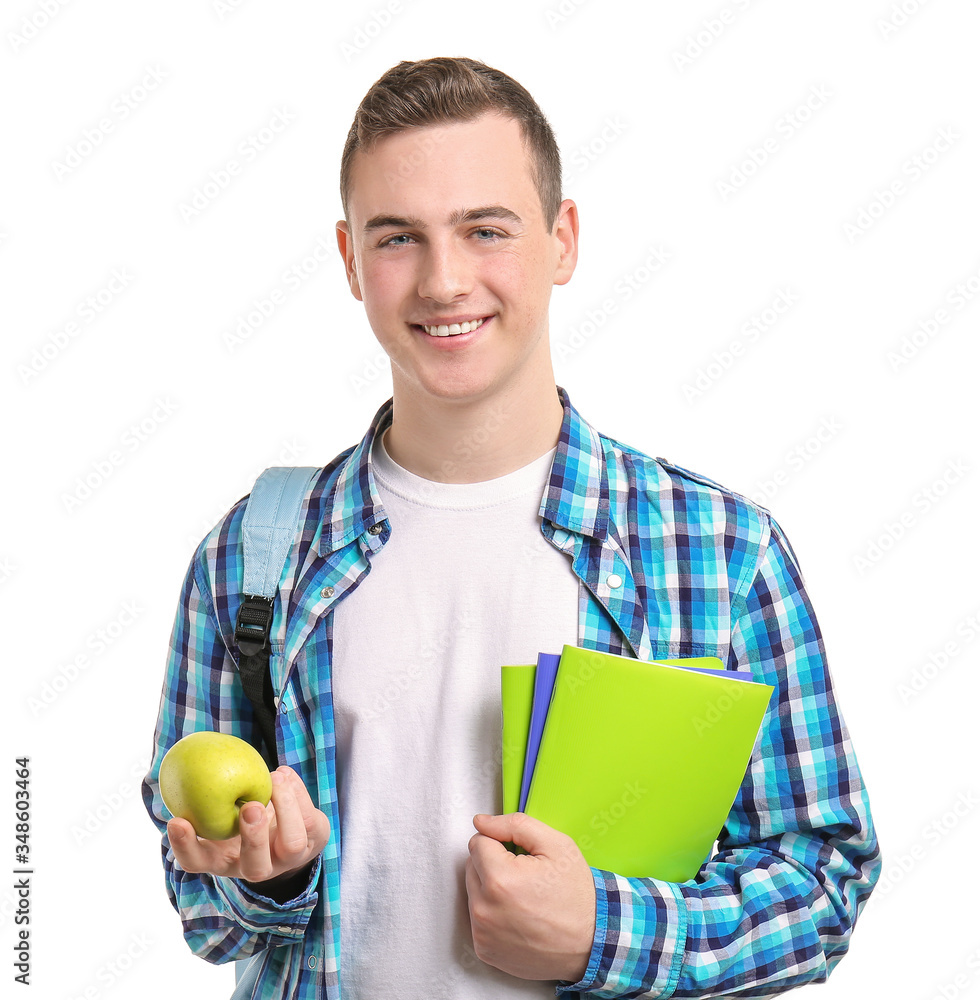 Pupil with apple on white background