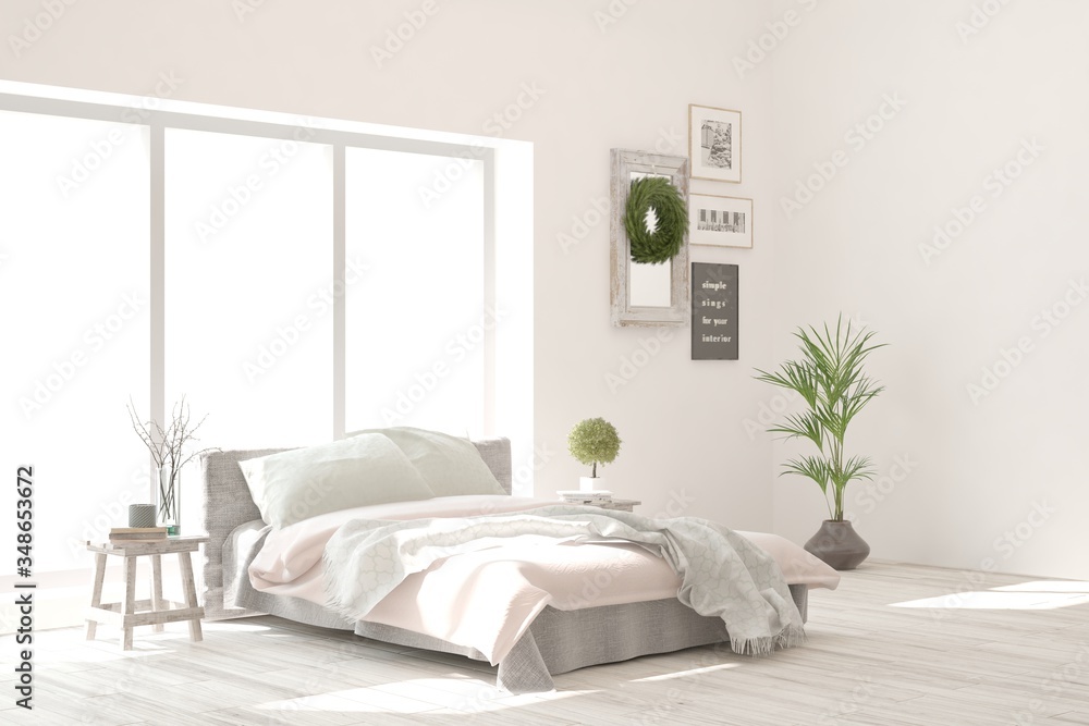 White bedroom interior. Scandinavian design. 3D illustration