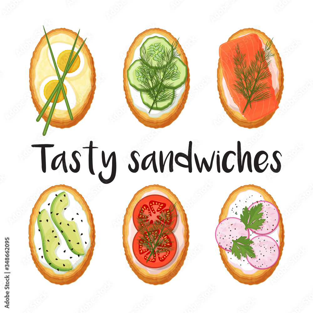 Collection of toasts with different fillings on a white background. Tasty sandwiches. Isolated objec