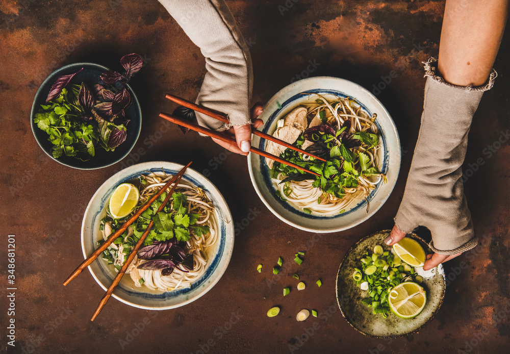 Asian cuisine lunch. Flat-lay of Vietnamese rice noodle chicken soup Pho Ga with cilantro, soy sprou