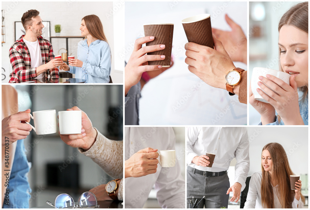 Collage of photos with young people during coffee break in office