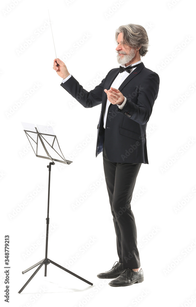 Senior male conductor on white background