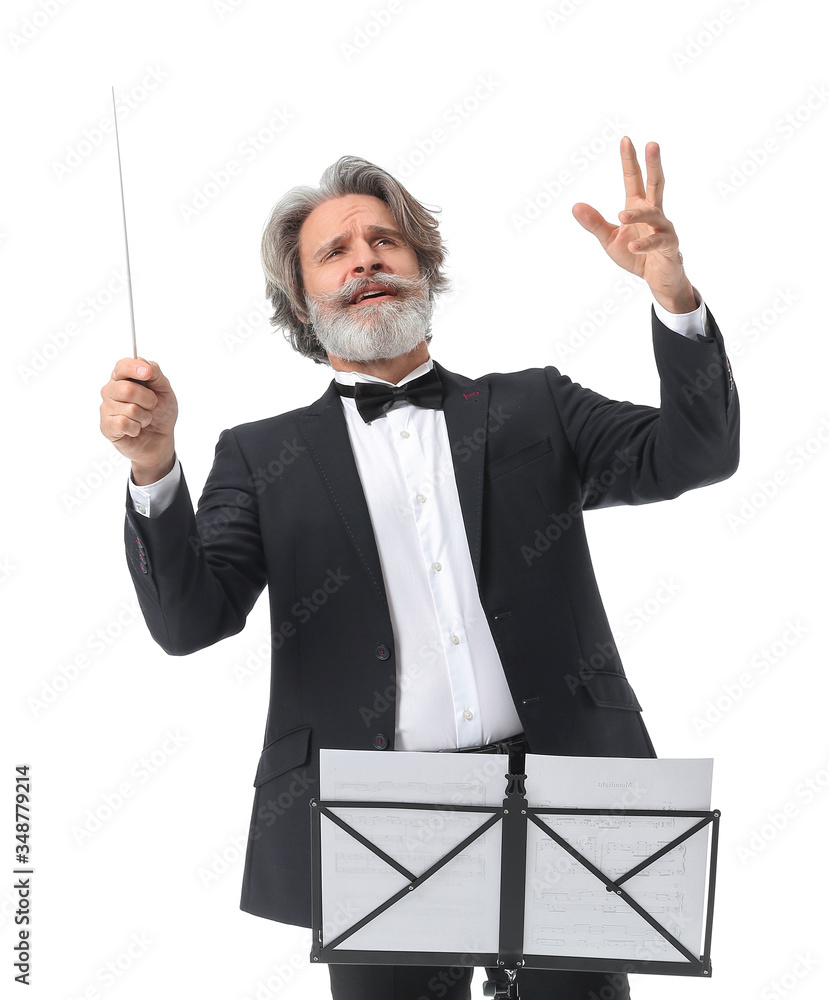 Senior male conductor on white background