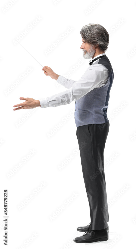 Senior male conductor on white background