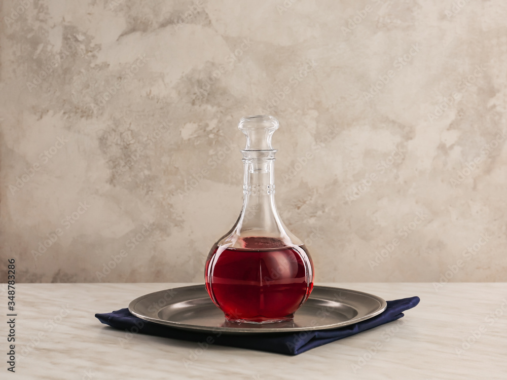 Decanter of wine on table