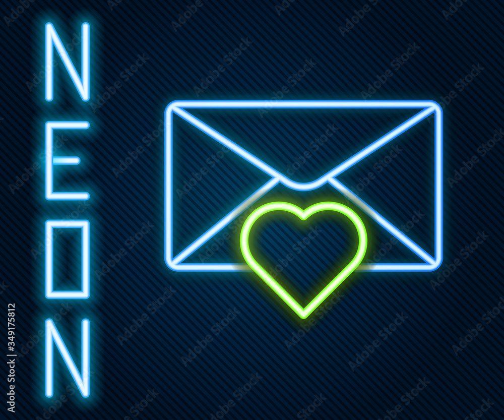 Glowing neon line Envelope with Valentine heart icon isolated on black background. Message love. Let