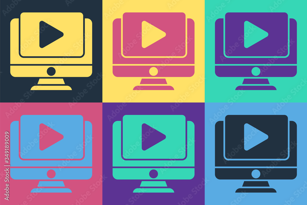 Pop art Online play video icon isolated on color background. Computer monitor and film strip with pl