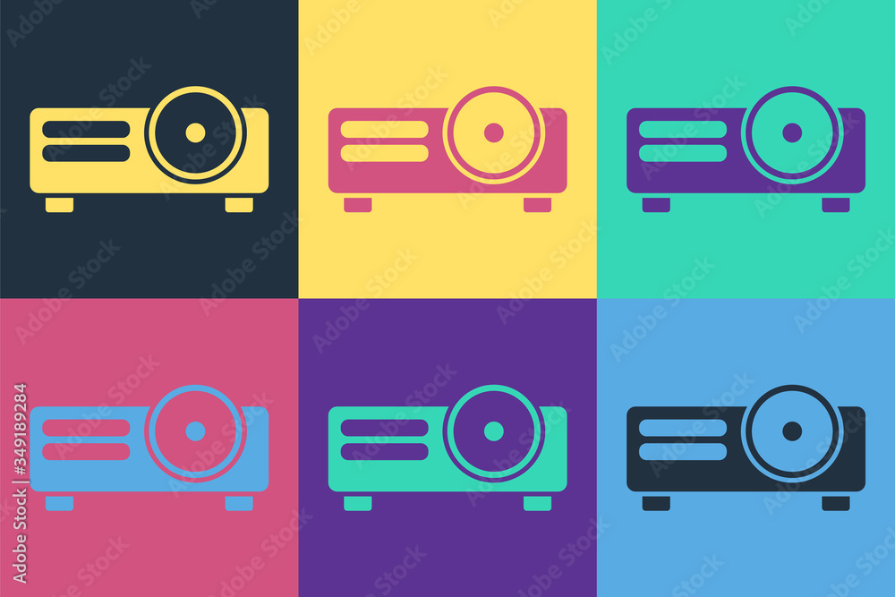 Pop art Presentation, movie, film, media projector icon isolated on color background. Vector