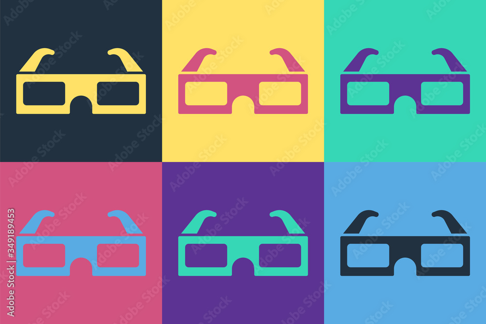 Pop art 3D cinema glasses icon isolated on color background. Vector