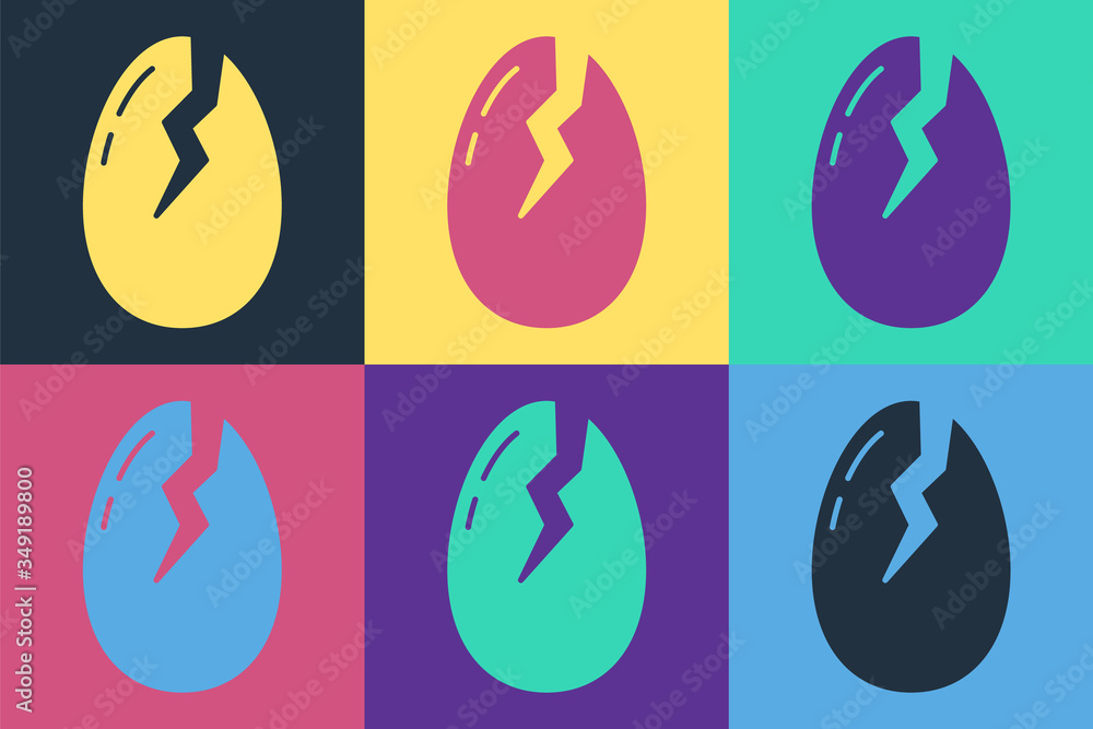 Pop art Broken egg icon isolated on color background. Happy Easter. Vector